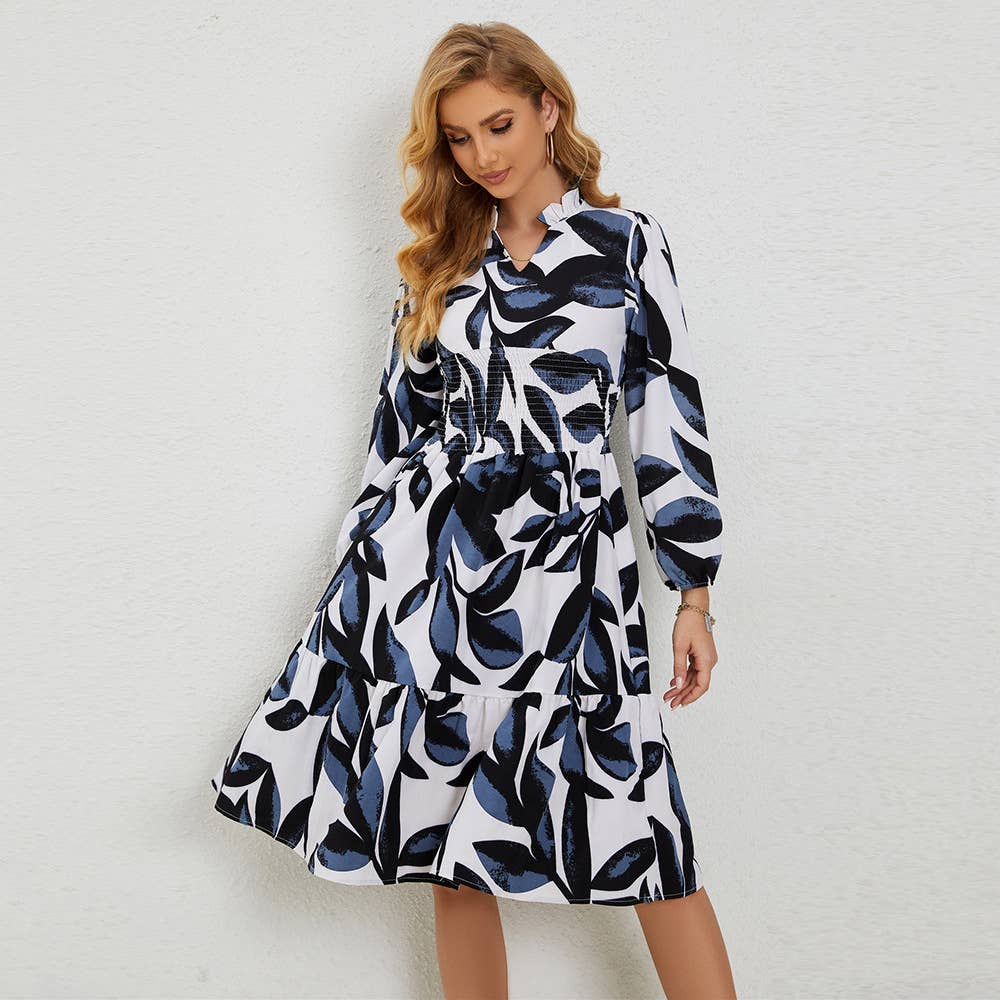 PRINT COMMUTER LONG-SLEEVED DRESS WITH WAIST