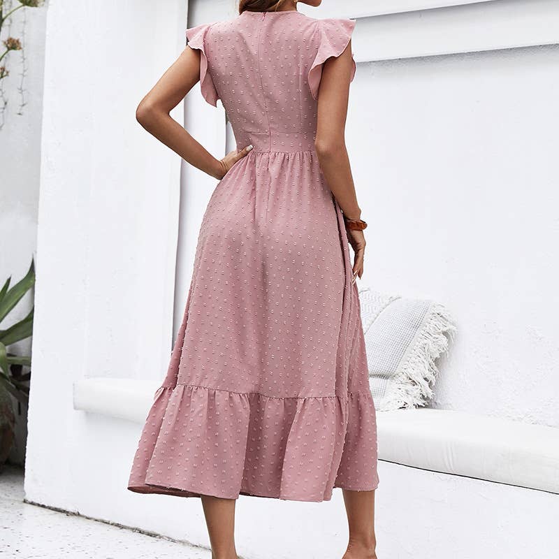 V-NECK SLIM SLIM SLIT SOLID COLOR LONG DRESS