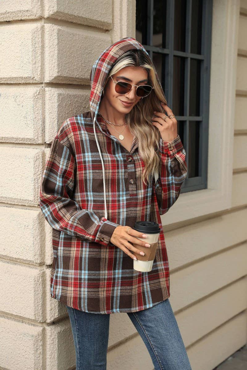 CWOHOL00663_PLAID DRAWSTRING HOODED LOOSE SWEATSHIRT