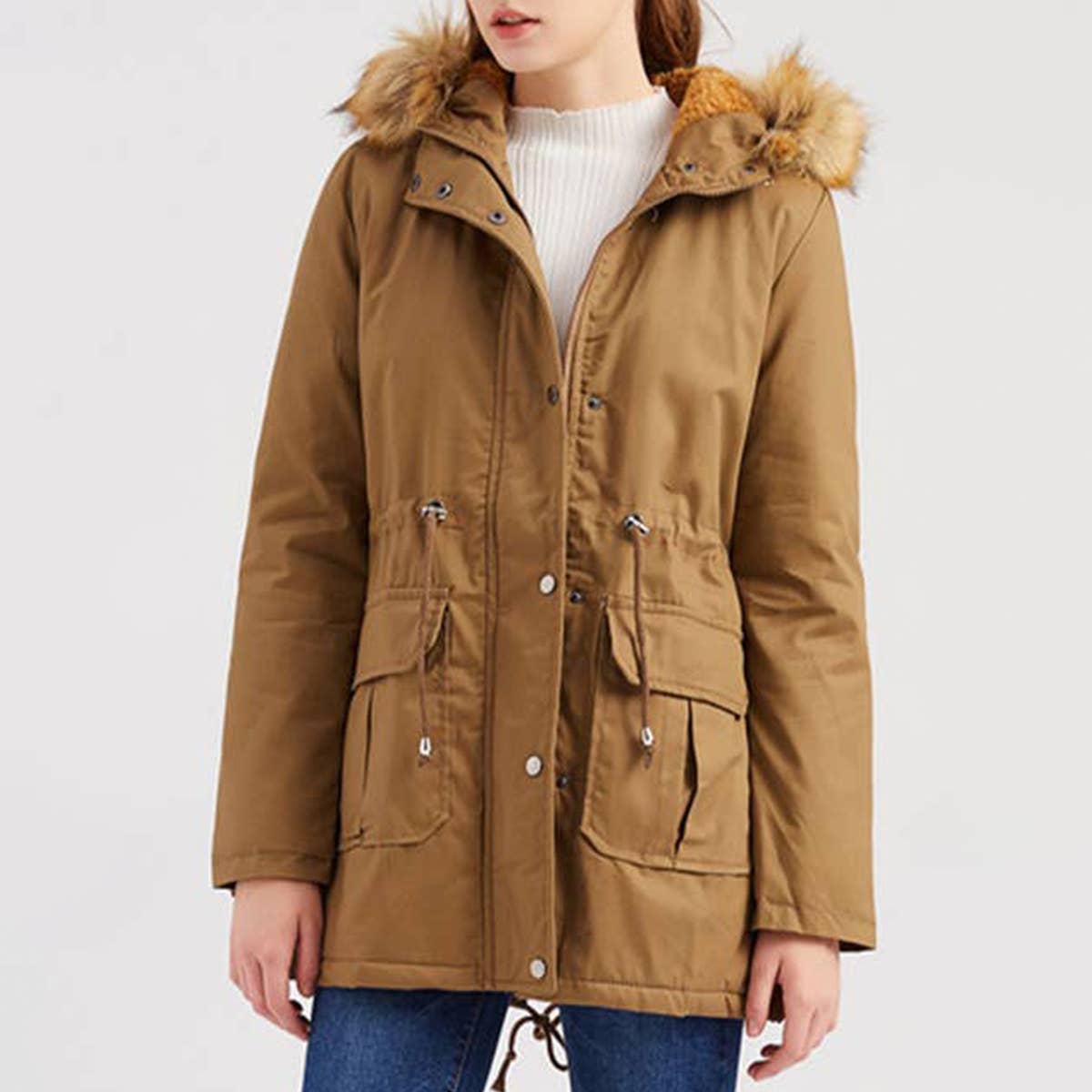 HOODED FUR COLLAR AND FLEECE PADDED JACKET