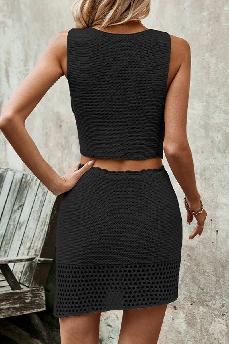 WOMEN V NECK TANK TOP SKIRT SOLID COLOR KNIT SUIT_CWSS0425