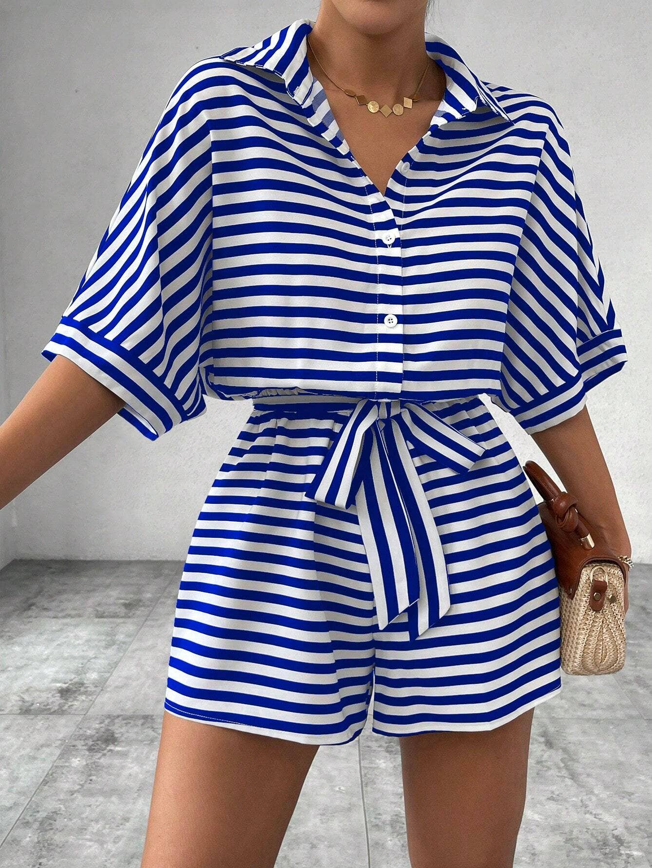 Women¡¯s striped buttoned cardigan romper