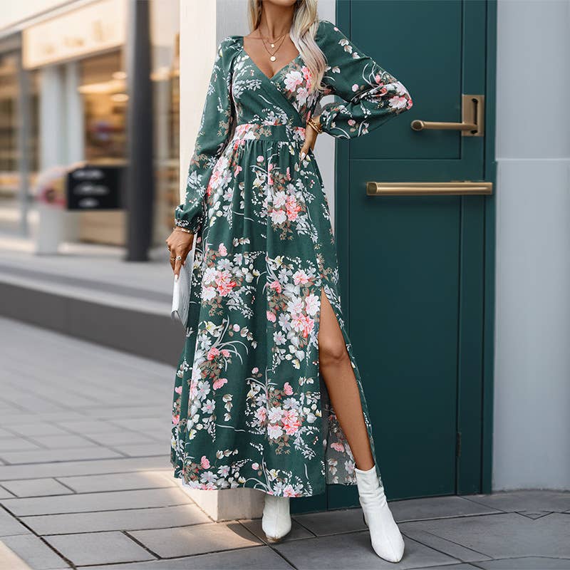LONG SLEEVE DEEP V-NECK PRINT LONG SPLIT DRESS