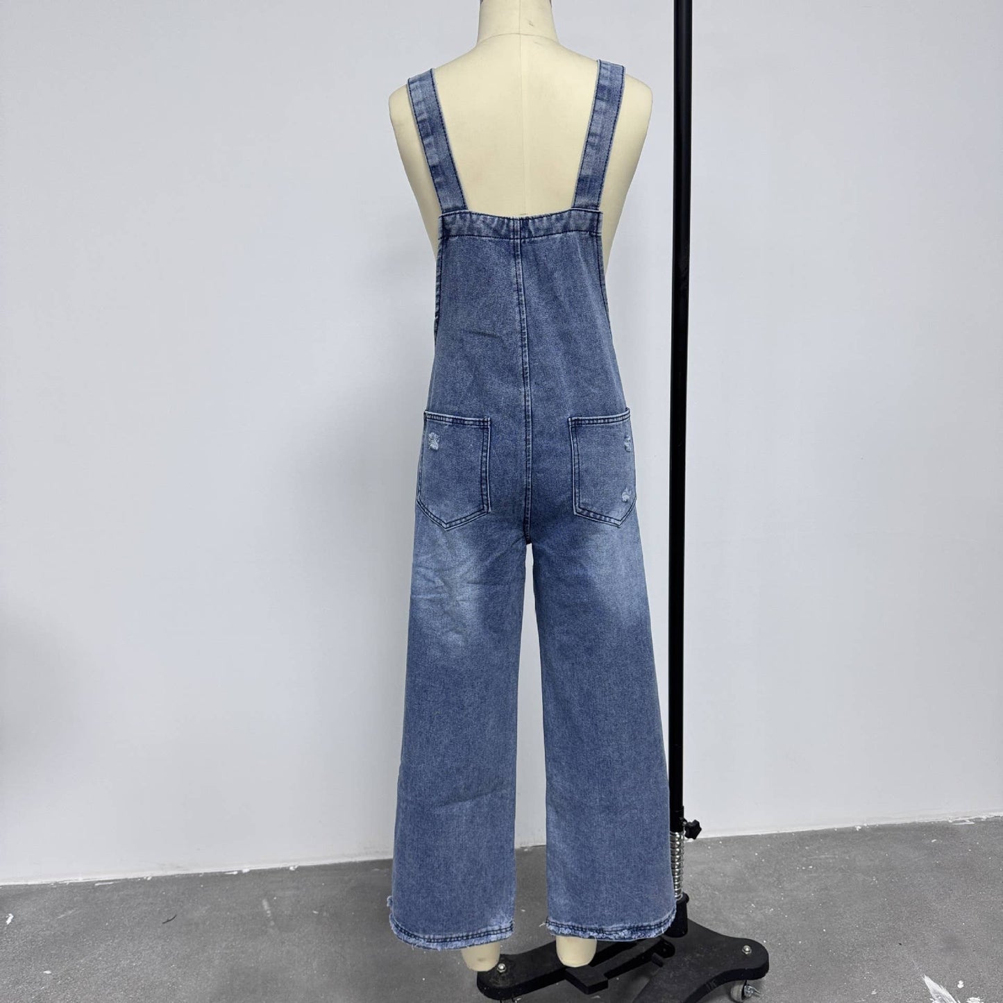 Retro distressed,ripped loose wide-leg overalls