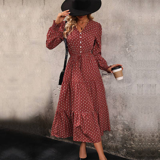 V-NECK LONG SLEEVE PRINTED LONG DRESS