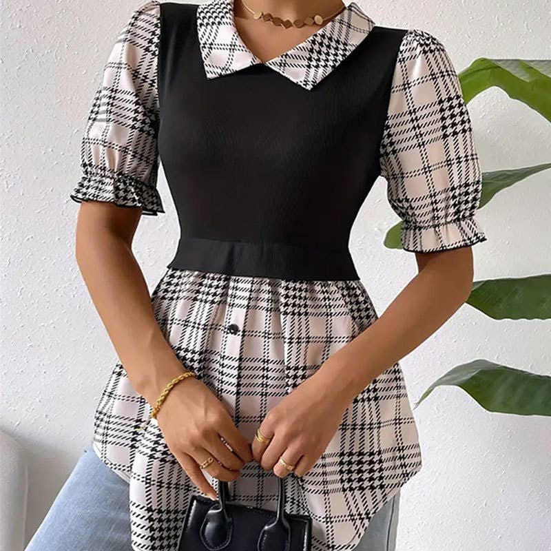 Fake two puffed sleeve color patchwork blouse