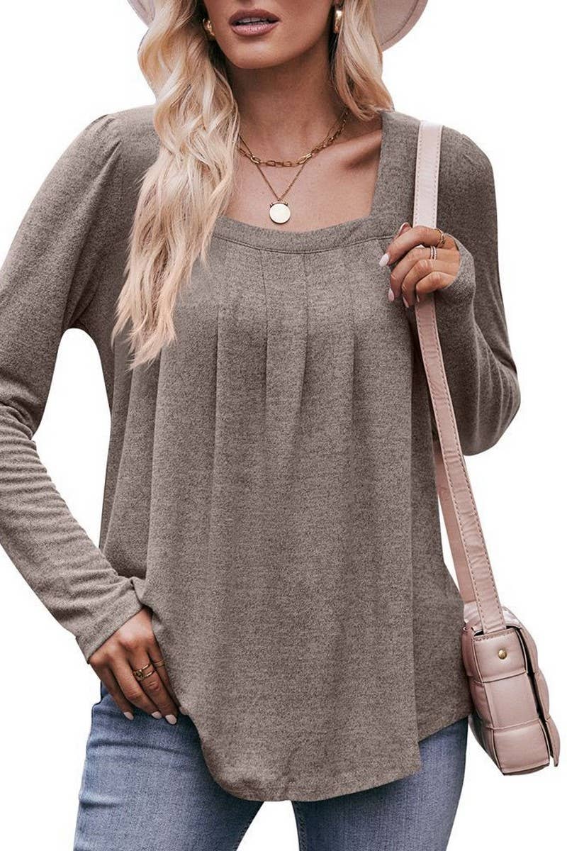 CWOSWL07634_SQUARE NECK PUFF SLEEVE PLEATED LONG SLEEVE TOP