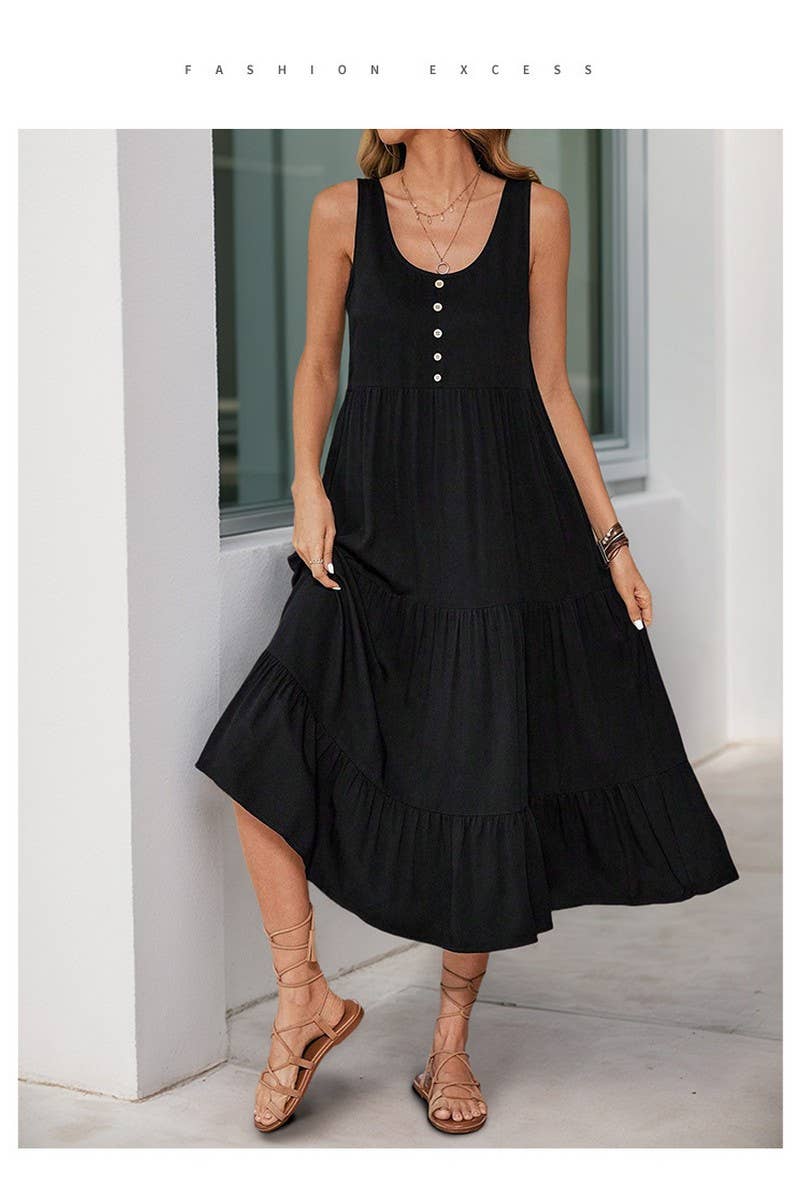 CWDMD4955_SUMMER BUTTON POCKET SLEEVELESS MIDI DRESS