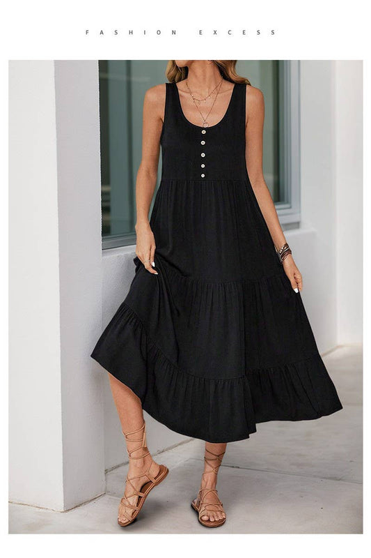 CWDMD4955_SUMMER BUTTON POCKET SLEEVELESS MIDI DRESS