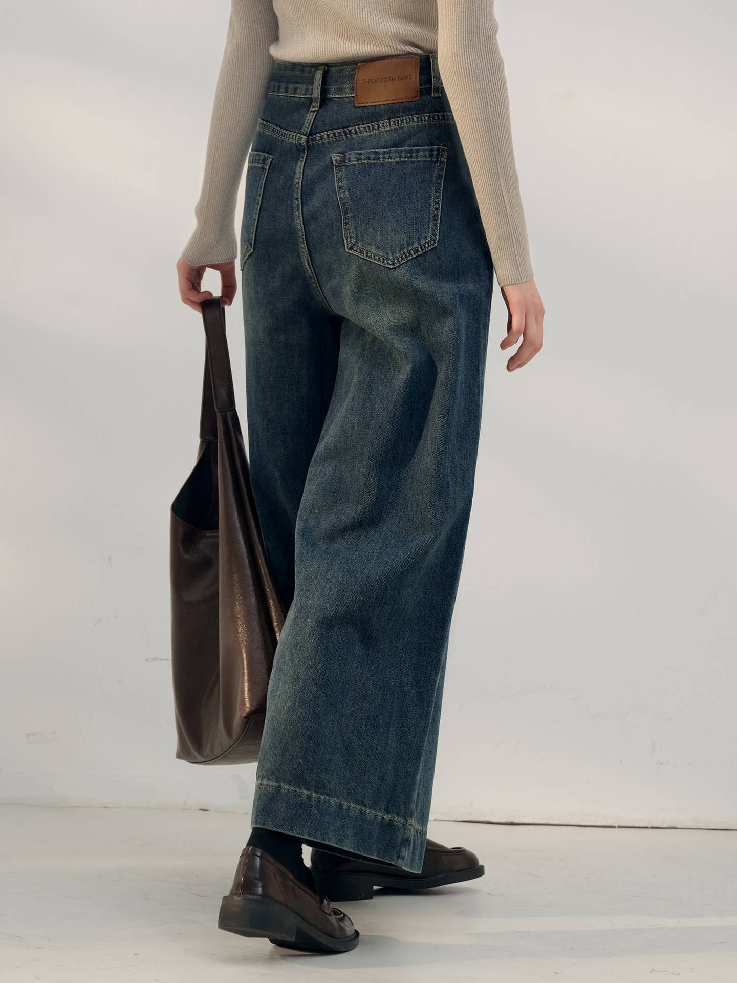 Retro high-waisted simple loose wide-leg jeans