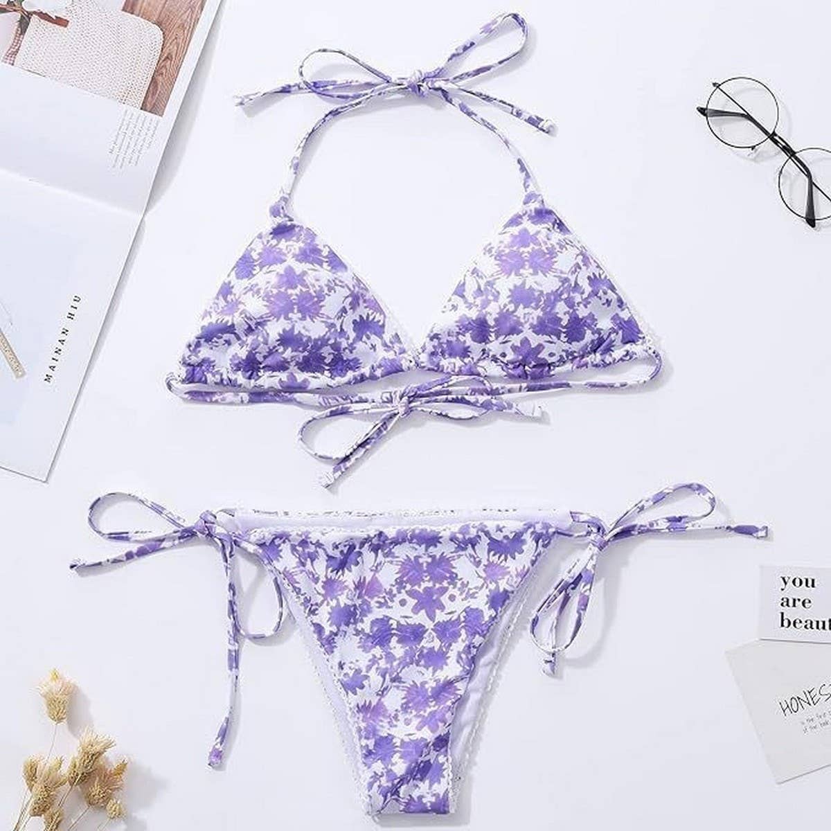 FLORAL DEEP V PUSH-UP BIKINI TWO-PIECE SWIMSUIT