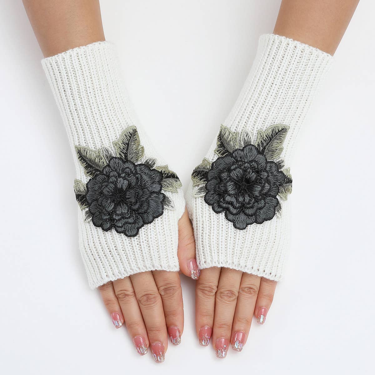 FLOWER WARM KNITTED WOOL GLOVES AND SLEEVES_CWAG0109