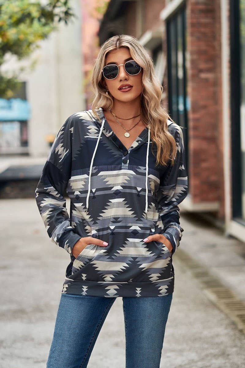 WOMEN AZTEC PRINTING DRAWSTRING WESTERN HOODIE_CWOHOL0177