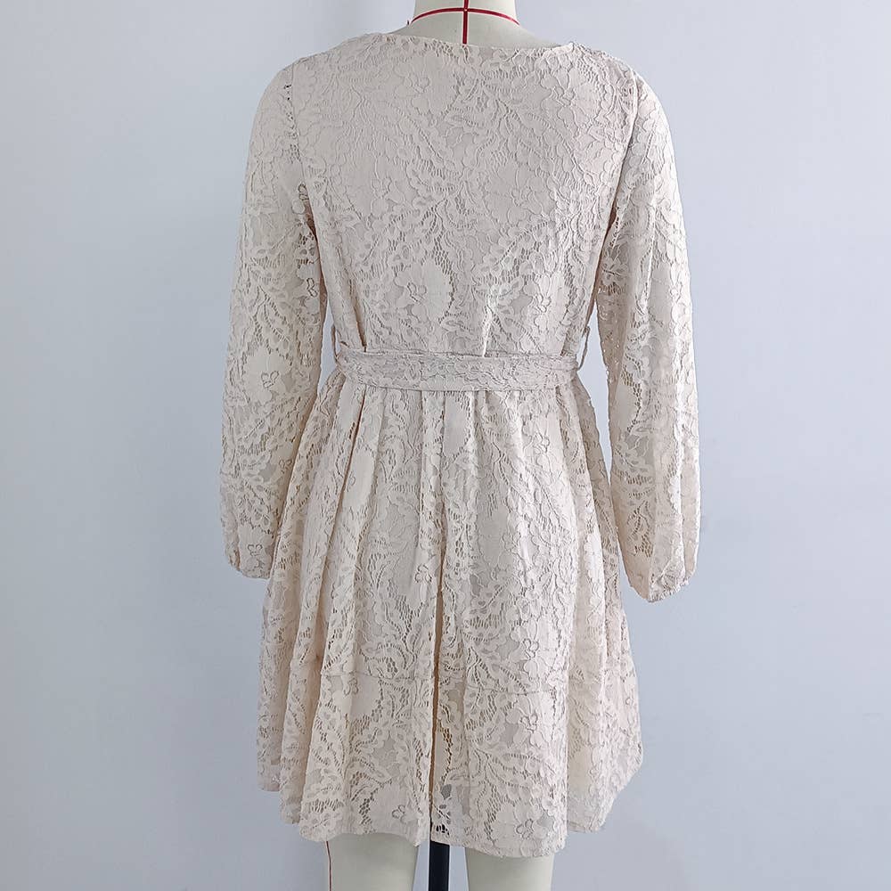 V-NECK STYLE LACE-UP LONG-SLEEVED DRESS