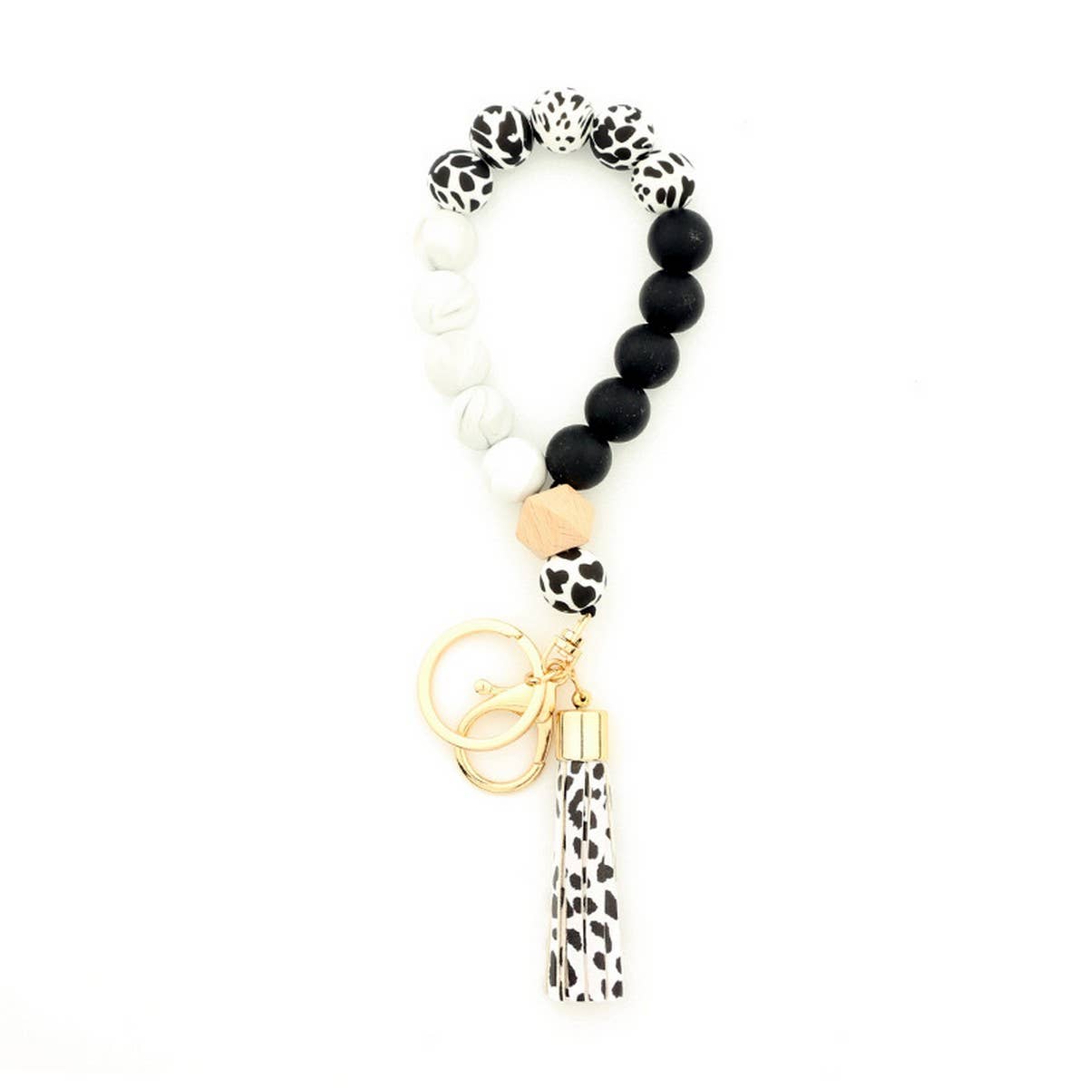Silicone & Wood Bead Bracelet with Leather Keychain
