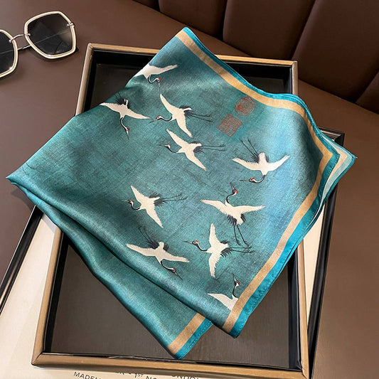 Crane Print 100% Silk Square Scarf 53cm for Women
