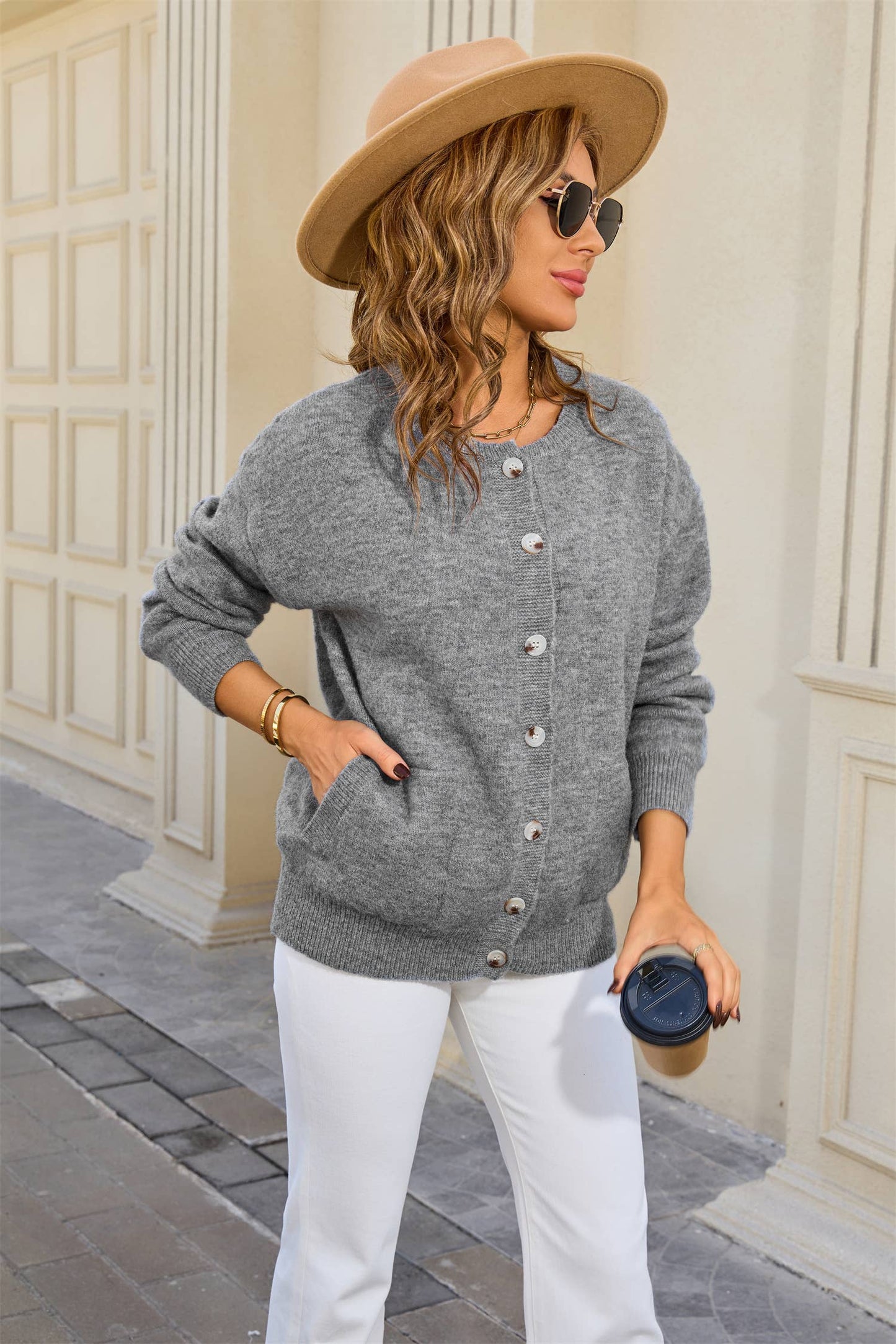 Round tie pocket loose single breasted cardigan