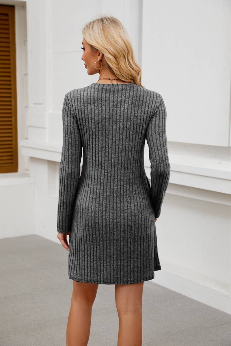 ROUND NECK SIDE BUTTON POCKET LONG SLEEVE DRESS