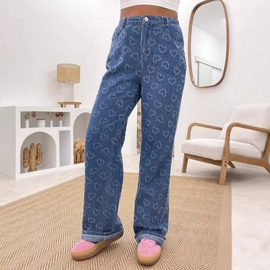 LOVE HOOK FLORAL JEANS WASH STRAIGHT LEG PANTS