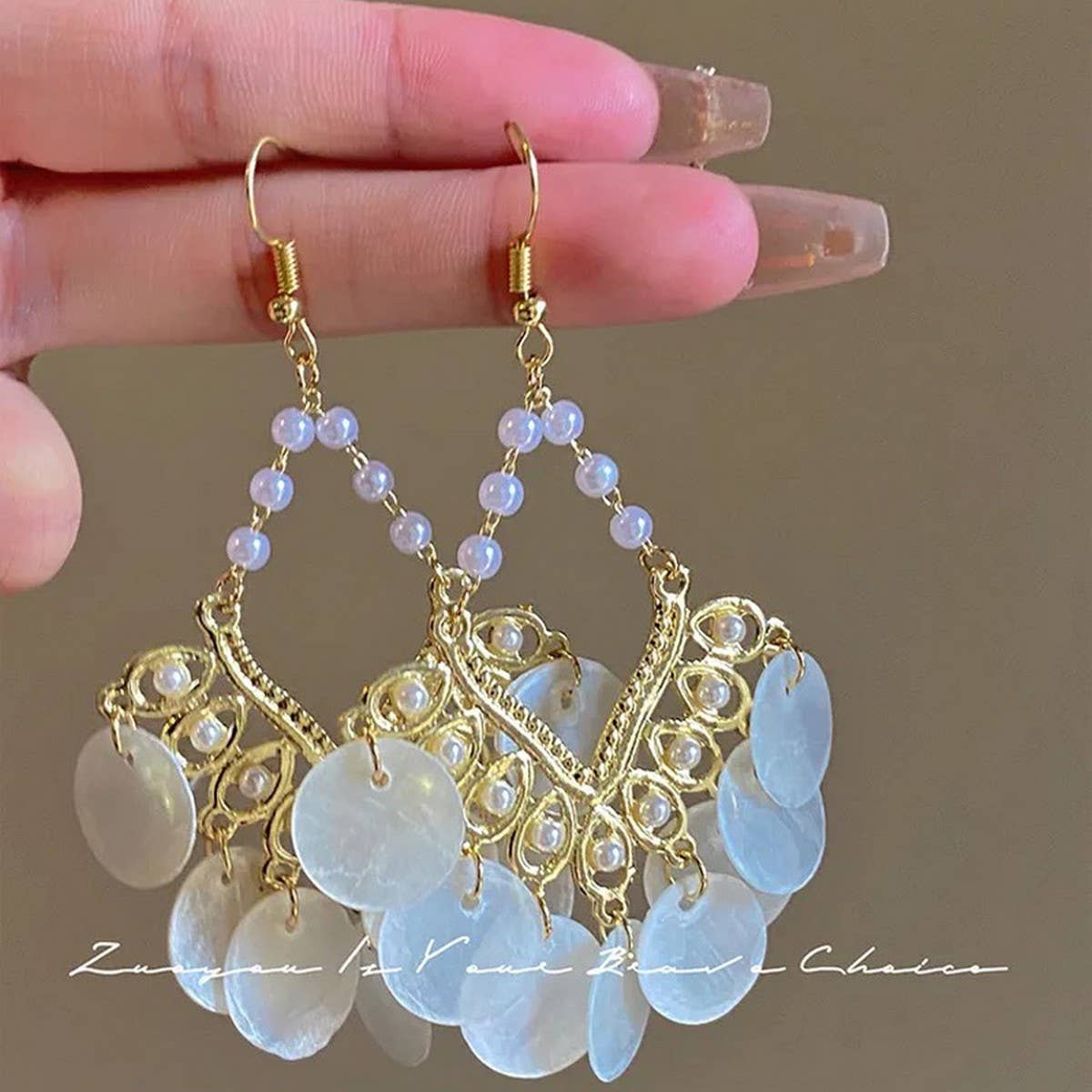 FRENCH GEOMETRIC SCALLOPED SHELL TASSEL EARRINGS