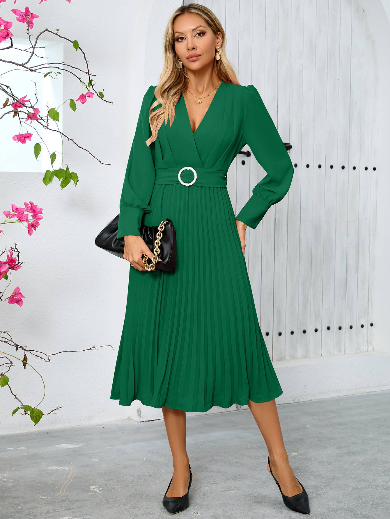Elegant Pleated V-Neck Long Sleeve Bodycon Dress
