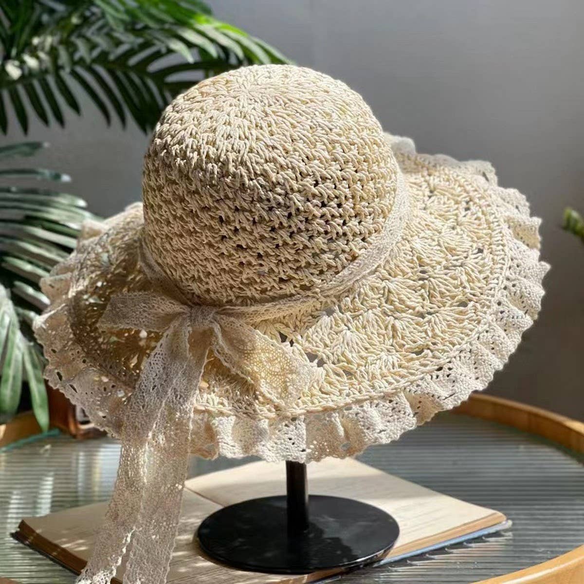HAND-WOVEN BOW FOLDABLE LACE STRAW HAT_CWAH1174