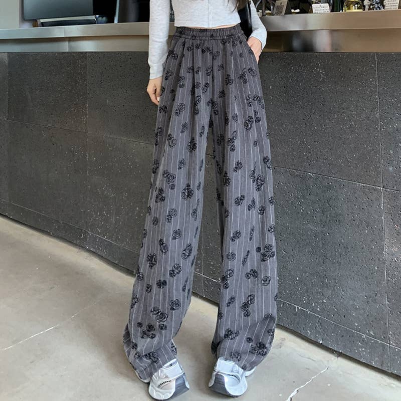 FLORAL PRINT ELASTIC WAIST STRAIGHT LEG PANTS