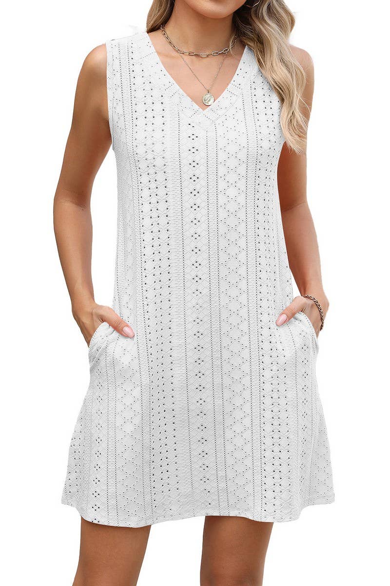 CWDSD7403_SUMMER CASUAL SOLID COLOR V-NECK DRESS