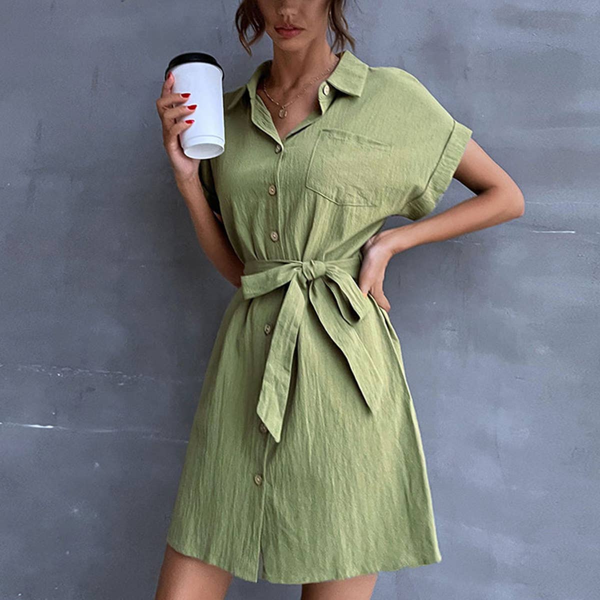 Lace-up short sleeve shirt cotton linen dress