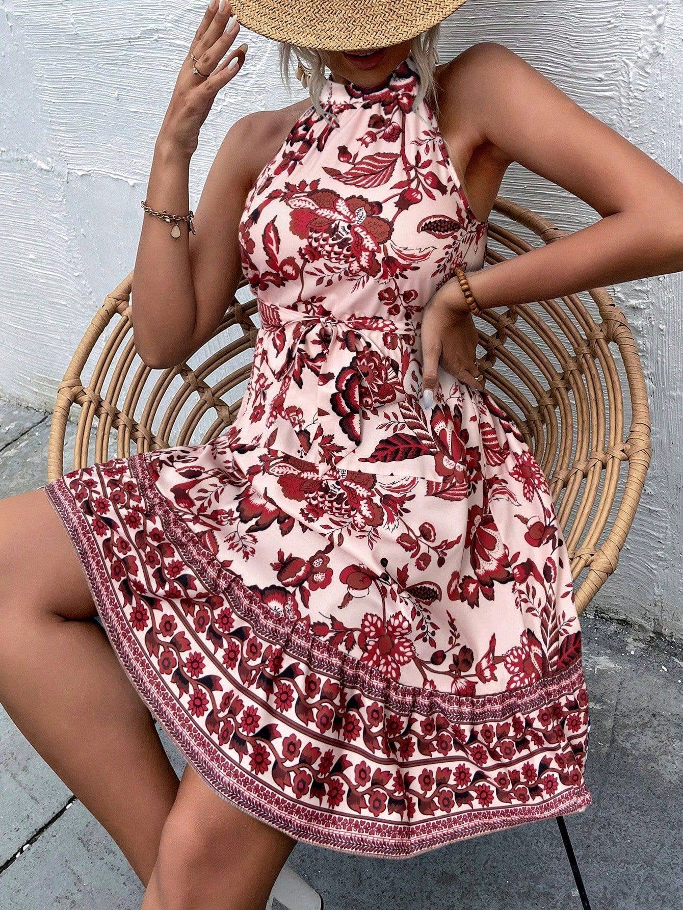 Off-the-neck, cinched-waist sleeveless dress