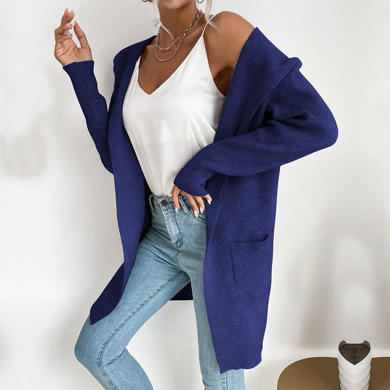 Solid color pit strip hooded unbuttoned cardigan