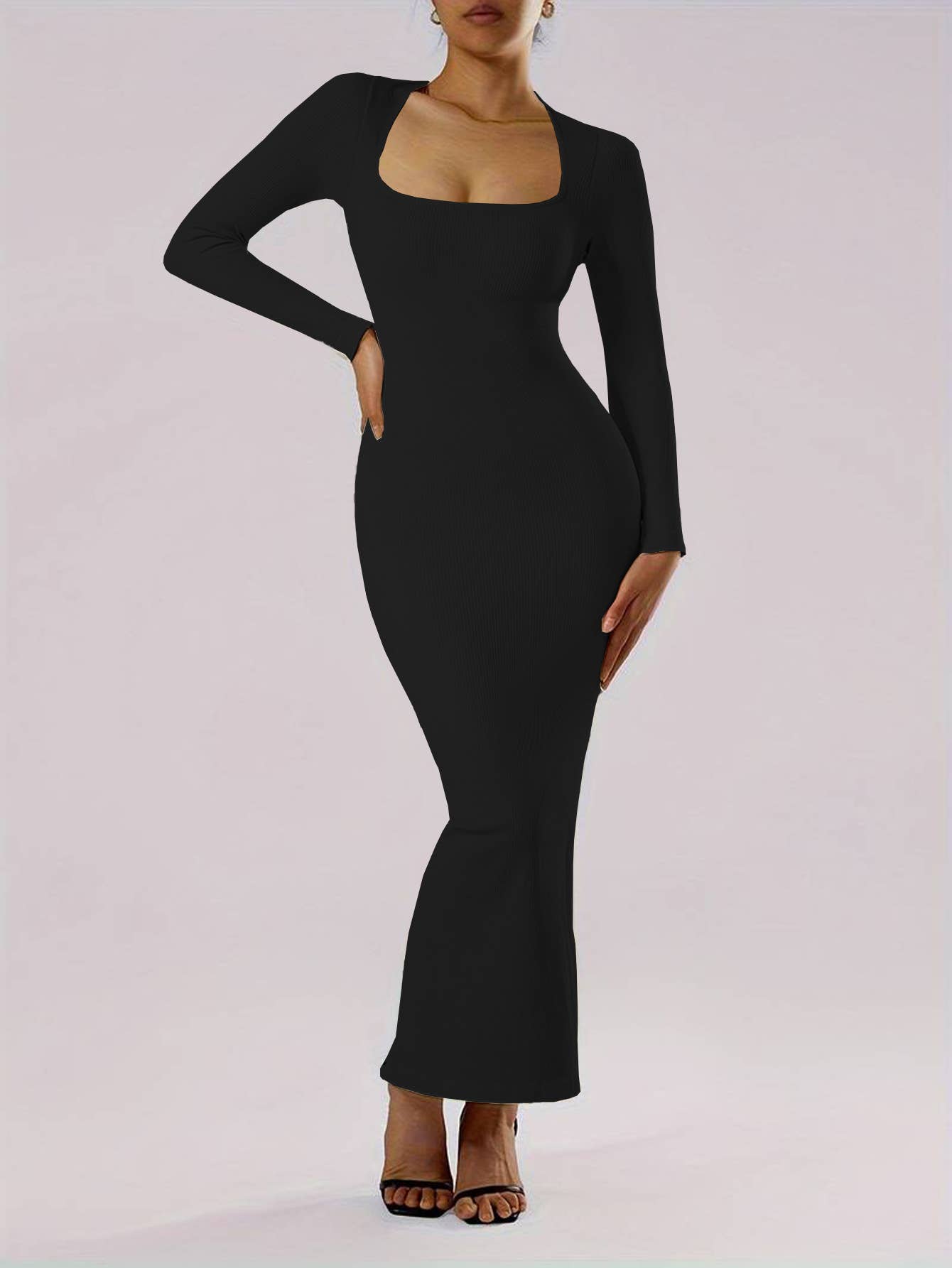 SLIM-FIT WRAP HIPS LONG SQUARE NECK DRESS