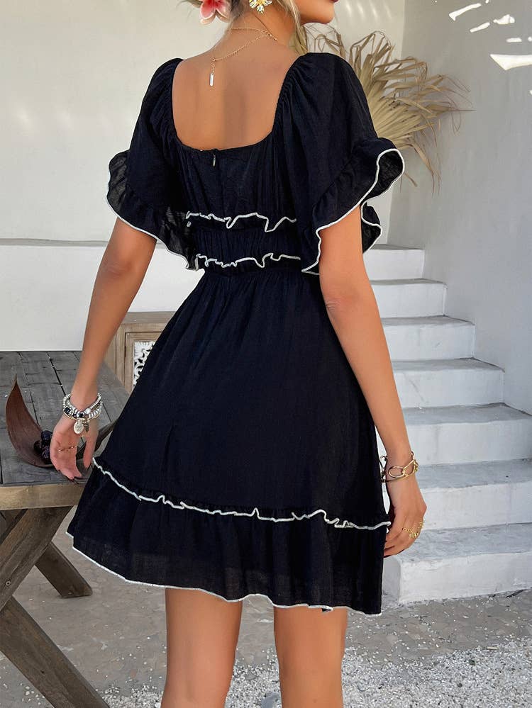 Vacation-Style Ruffle Sleeve Solid Color Dress