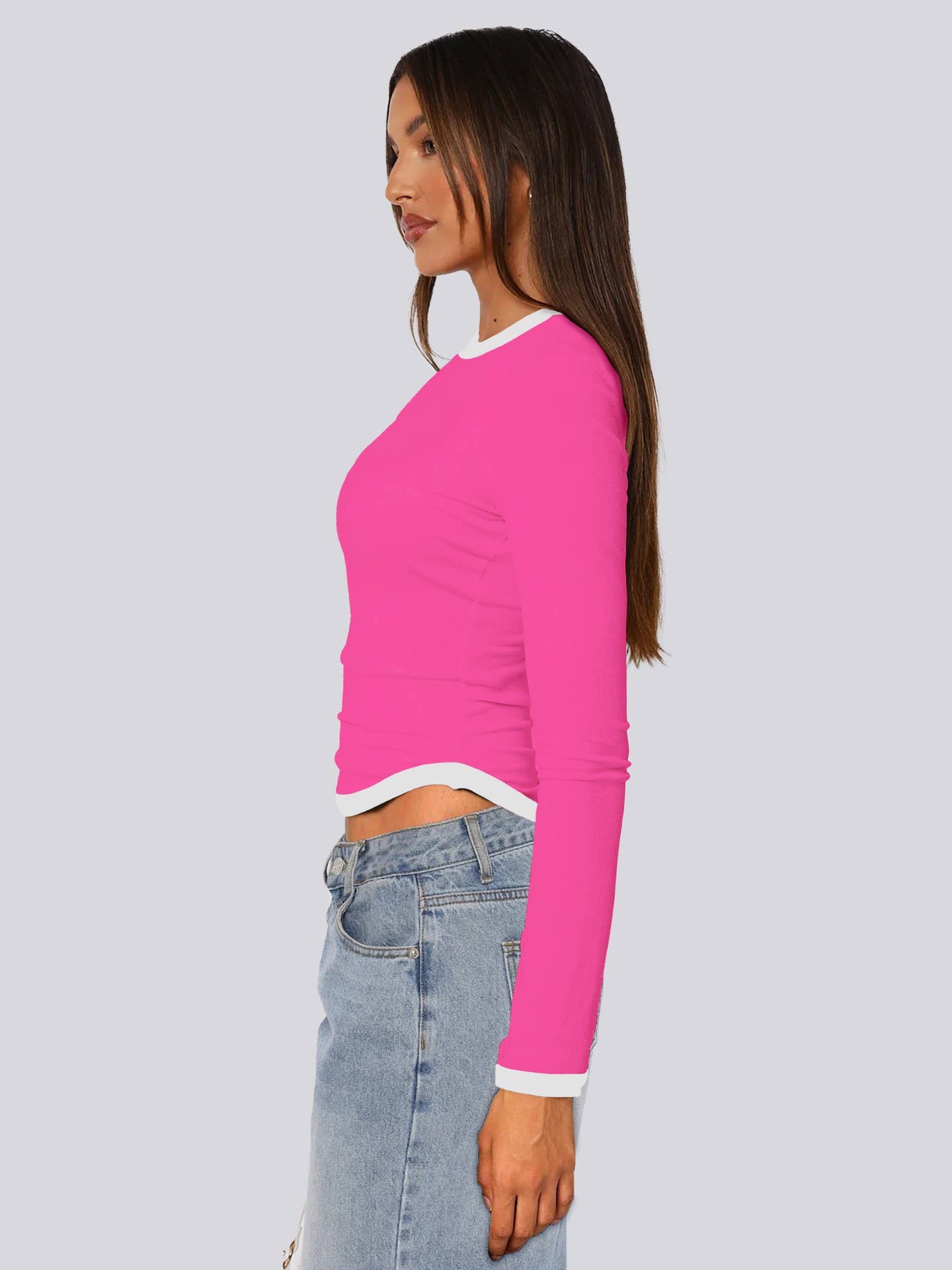 LONG SLEEVE ROUND NECK SLIM-FIT COLOR SHORT TOP