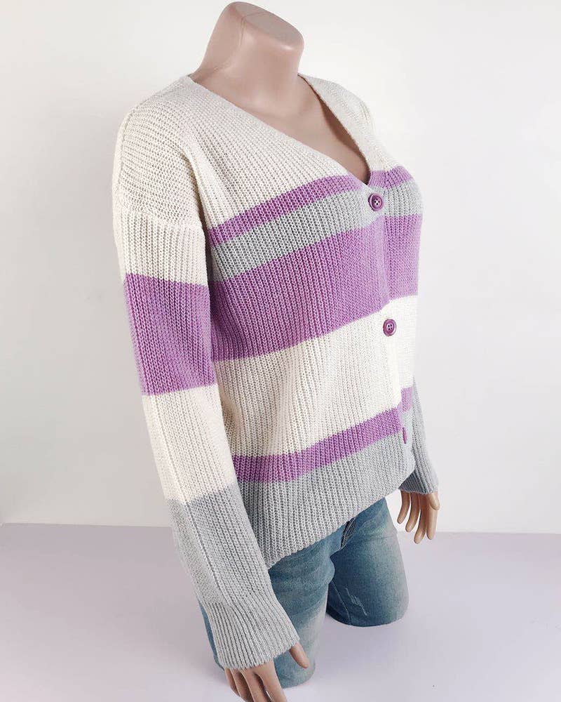 V-NECK BUTTON-STRIPED PATCHWORK SWEATER CARDIGAN