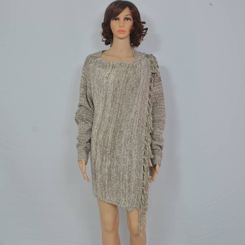 Solid color swing collar fringe mid-length sweater