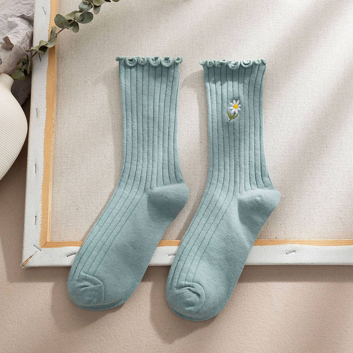 Flower Embroidery Crew Ruffle Socks Women