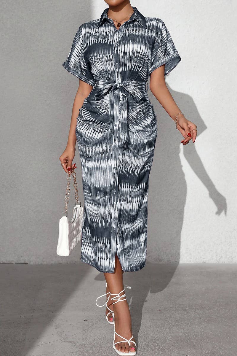 CWDMD5342_STRIPED TIE WAIST BUTTON FRONT MIDI SKIRT DRESS