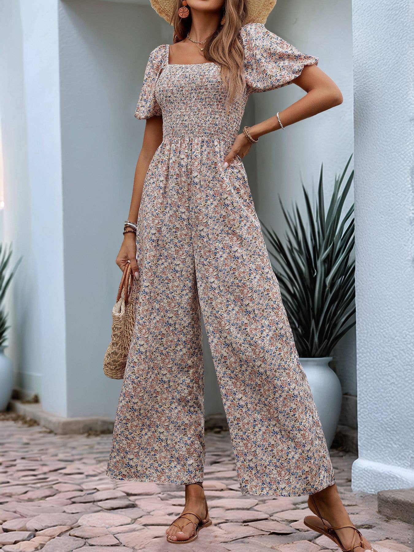 Puffy sleeves slim tight floral print jumpsuit