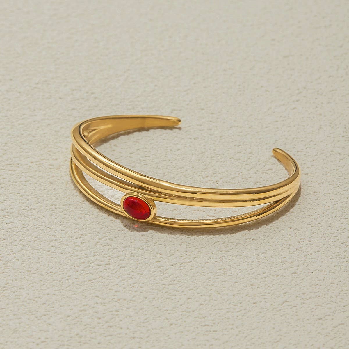 Luxury 18K Gold Triple Layer Red Stone Open Cuff