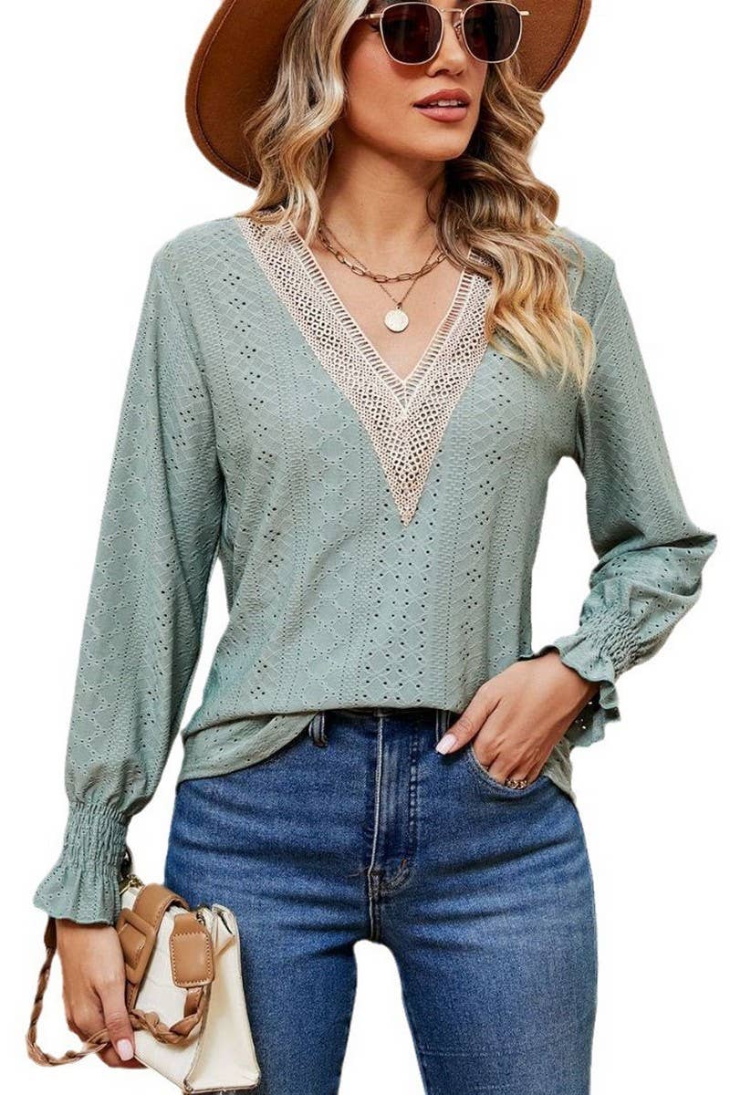 Cwtbll2389_V-Neck Lace Stitching Long-Sleeved Pullover