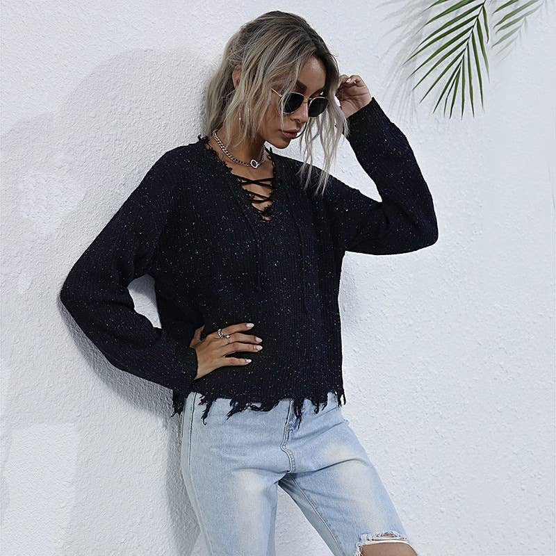 SOLID COLOR CASUAL CUT EDGE LOOSE V-NECK SWEATER