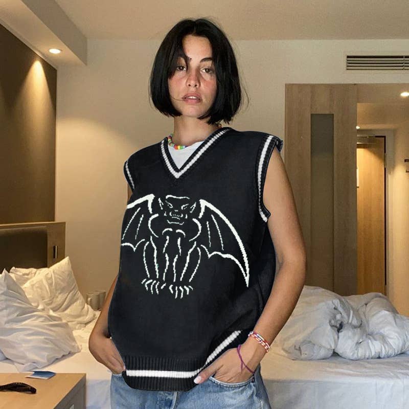 STYLISH DEEP V-NECK BAT JACQUARD WOOL VEST