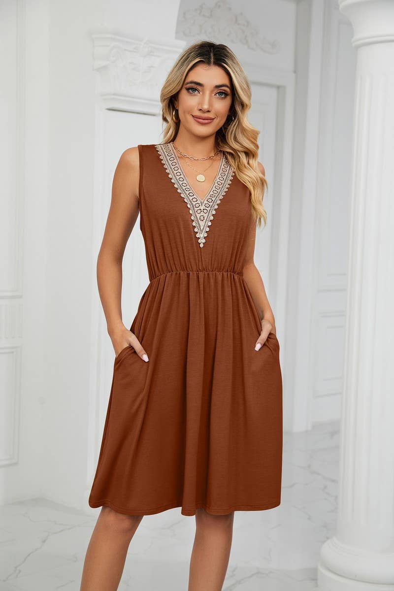 CWDSD3116_V-Neck Lace Trim Sleeveless Dress