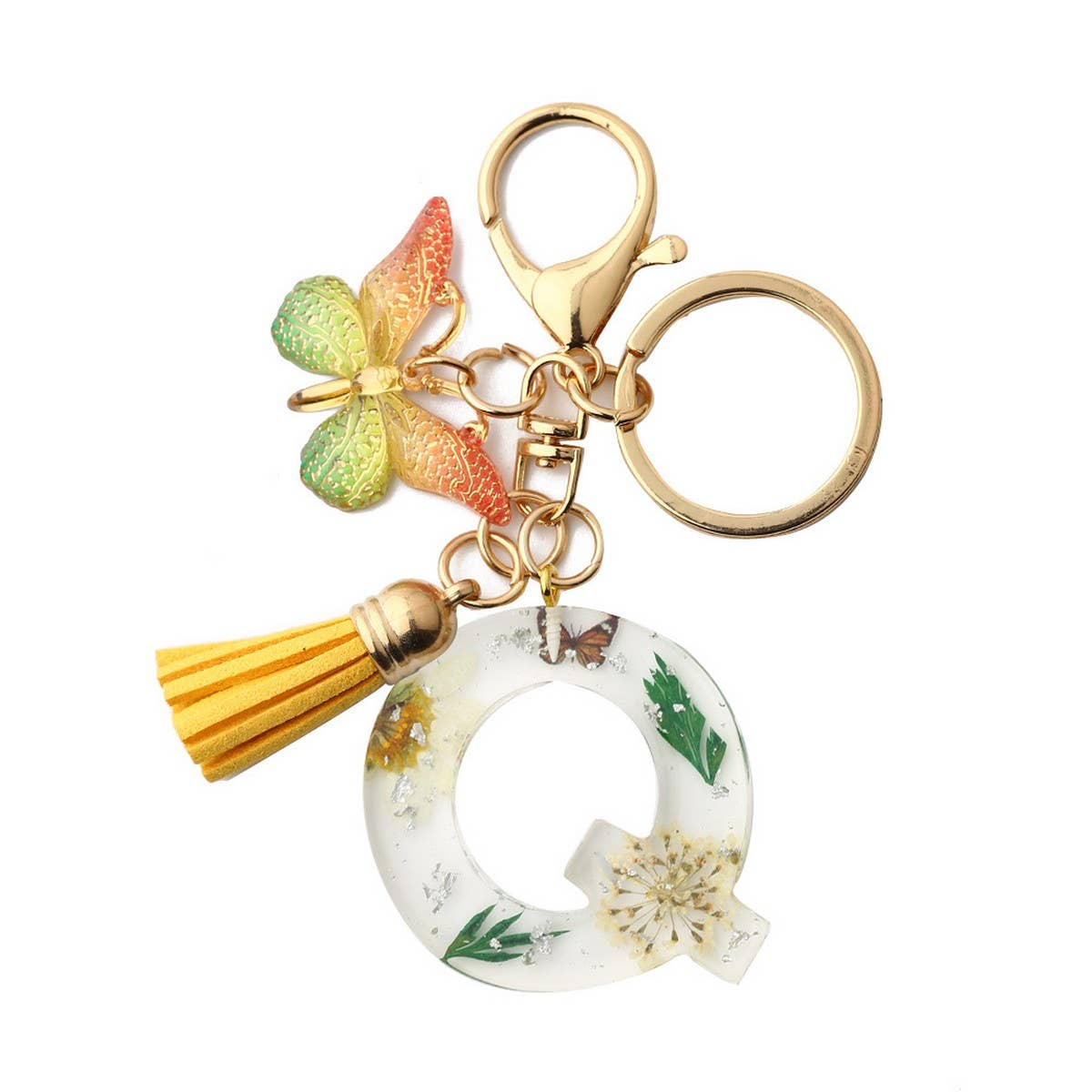 Flower Letter Keychain with Yellow Butterfly Charm_CWAB5090