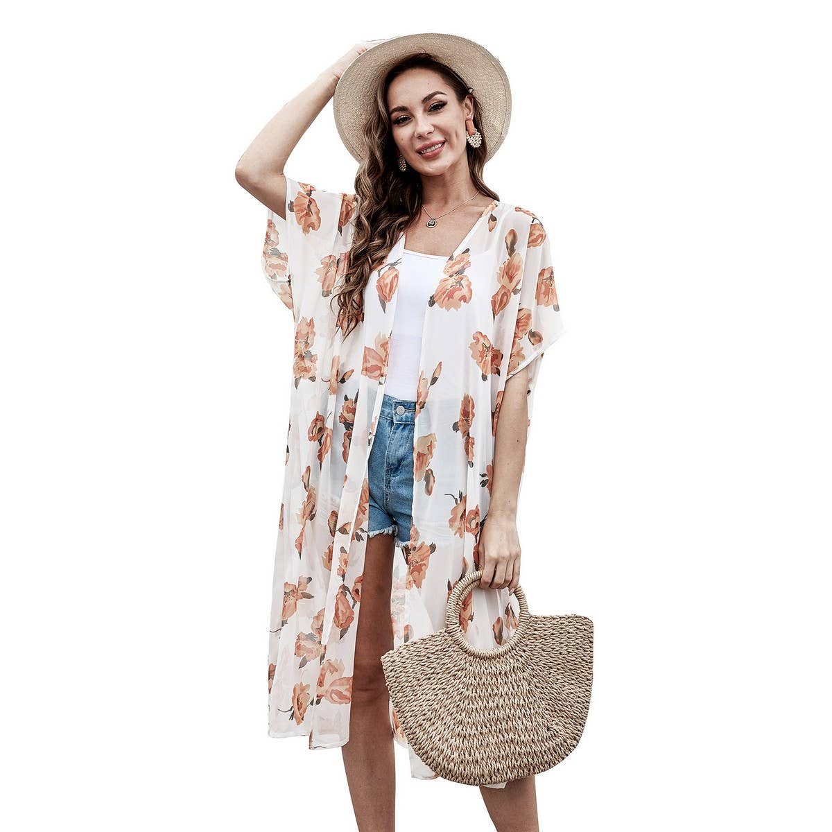 FLORAL PRINT FRONT OPEN KIMONO FOR SUMMER VACATION