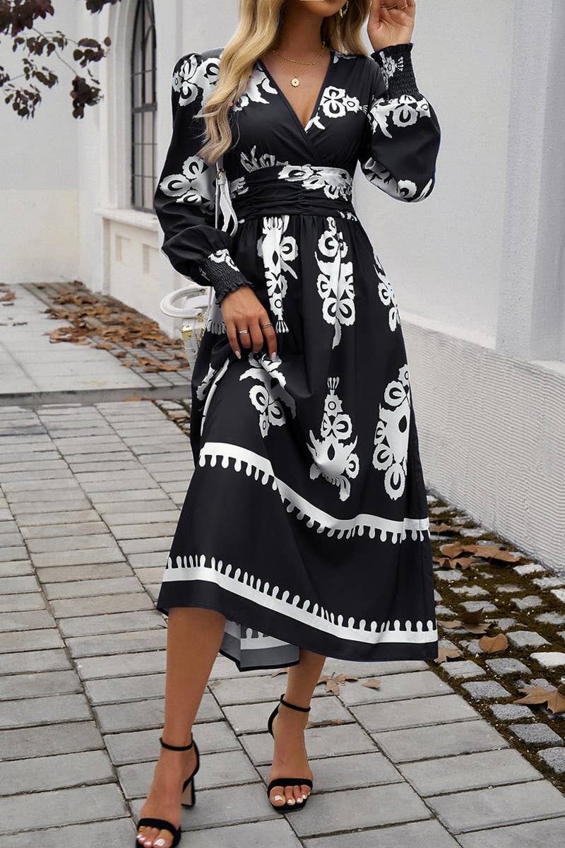 CWDMD4866_V-NECK ELEGANT CONTRAST COLOR LONG SLEEVE DRESS