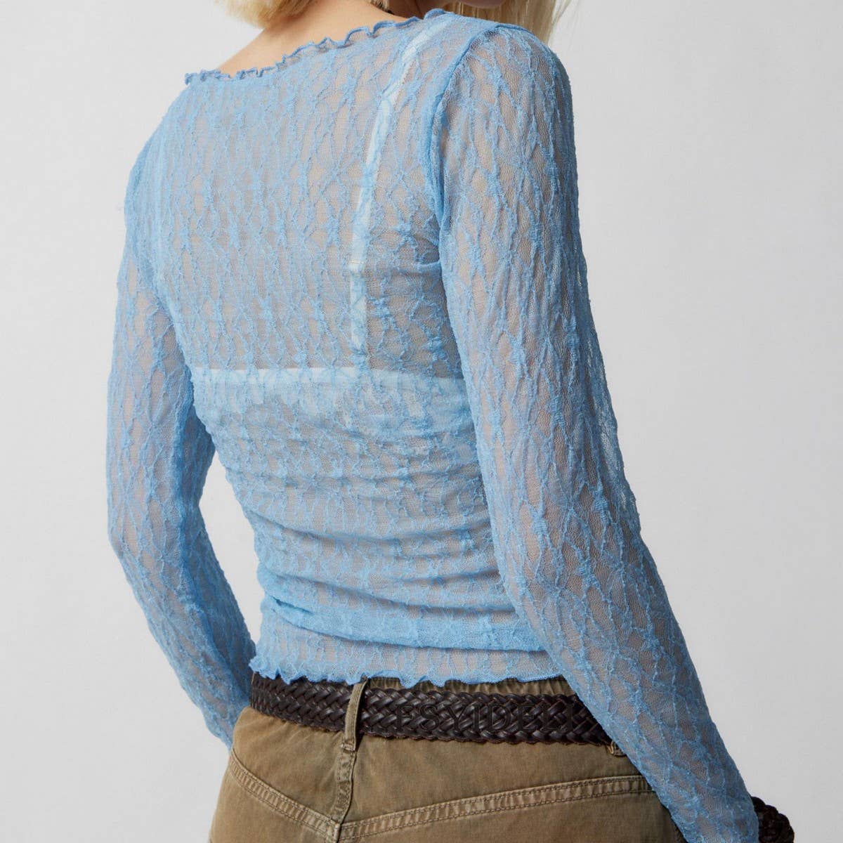 SEMI SHEER MESH LACE T-SHIRT SLIM-FIT CROPPED TOP