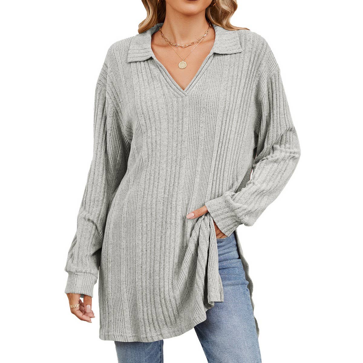 Lapel slit long sleeve loose long T-shirt