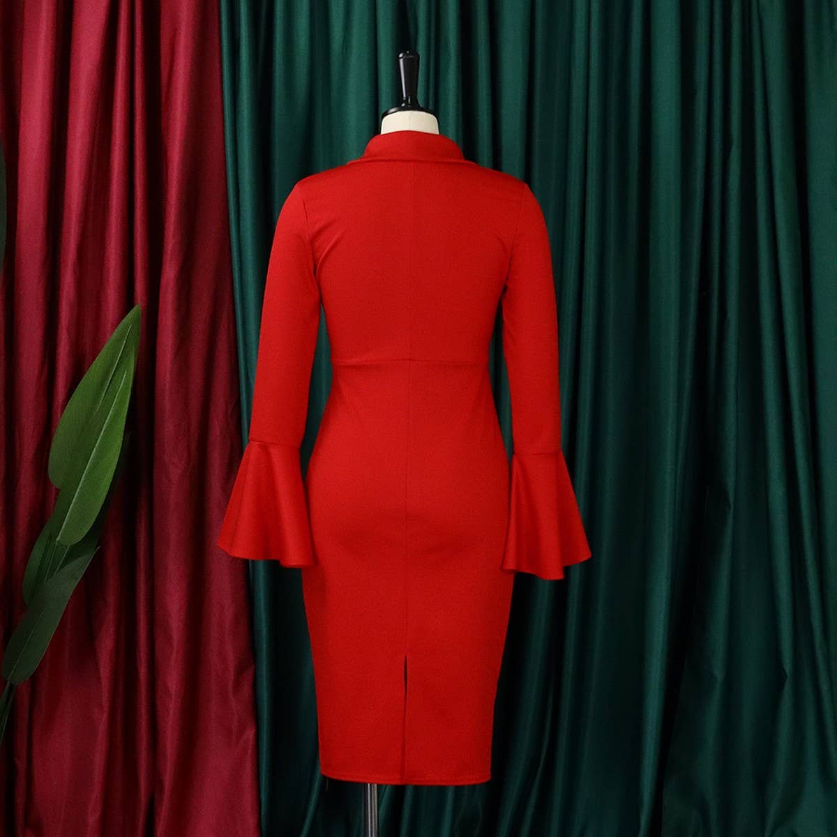 V-NECK ELEGANT TRUMPET SLEEVE SLIT HIP DRESS